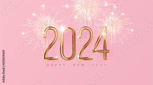 Happy new year 2024 holiday background with 3d gold numbers 2024, fireworks and Christmas lights in pink and gold colors. Vector illustration