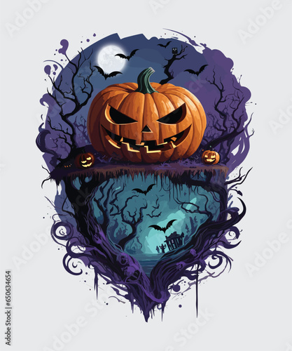 Vector halloween pumpkin design with dead trees and bats background