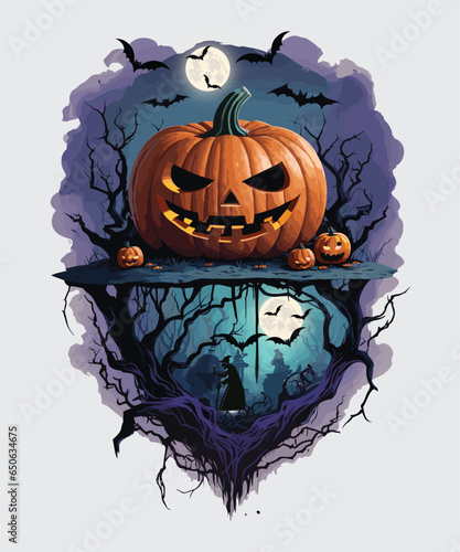 Vector halloween pumpkin design with dead trees and bats background