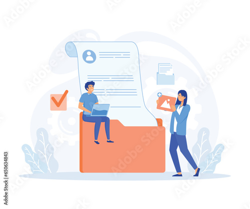 storage and indexing of information concept, office worker adds file to big folder, Database, flat vector modern illustration