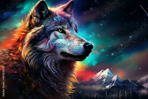 Image of a wolf illuminated by the spectacular display of colorful lights in the northern sky. Generative AI