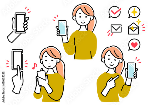 スマートフォンを持った女性のポーズセットと感情アイコンセット