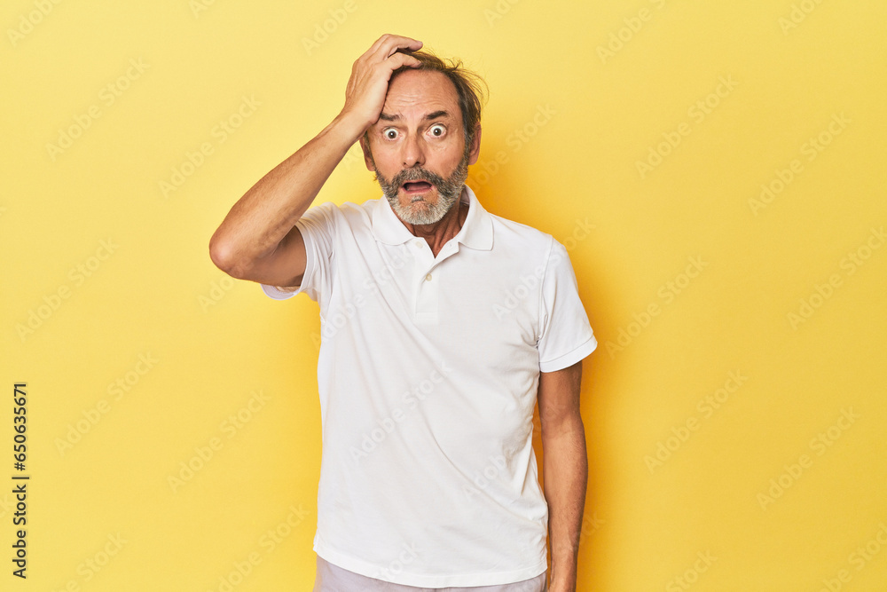 Caucasian middle-aged man in yellow studio being shocked, she has remembered important meeting. Caucasian middle-aged man in yellow studio being shocked, she has remembered important meeting.