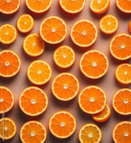 Background fresh orange decorated with sparkling water droplets, top view, juicy orange slices