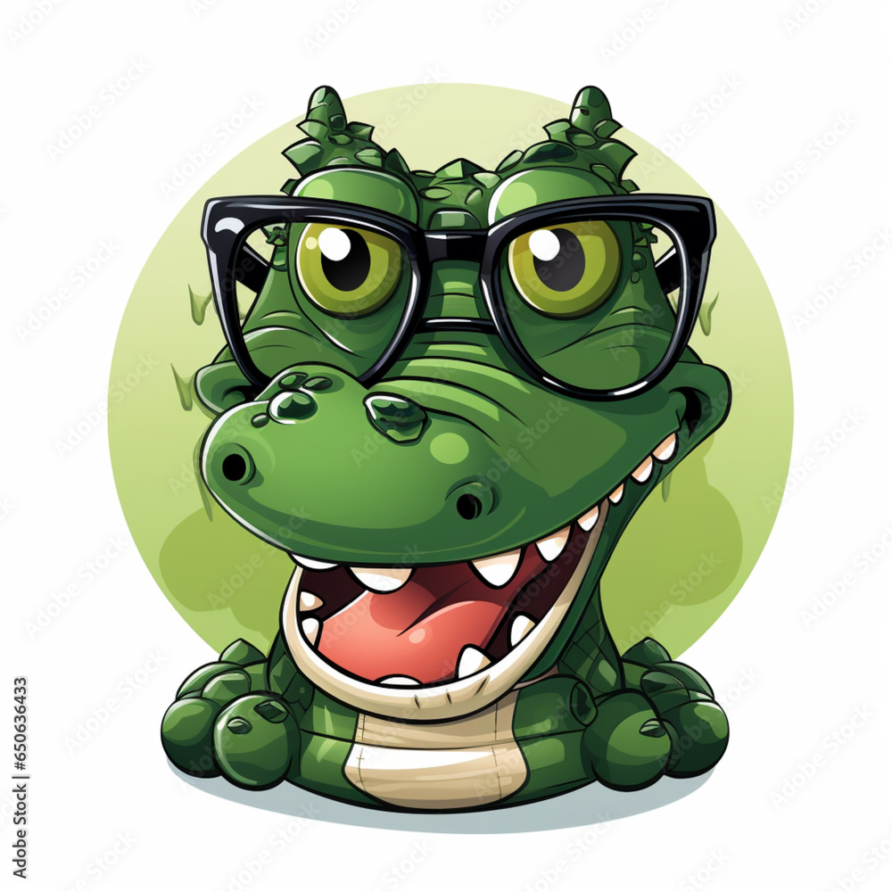 kolorowy kreskówkowy portret uśmiechniętego krokodyla w okularach. - obrazy, fototapety, plakaty 