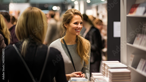 Eine lächelnde Frau auf einer Buchmesse - Messe photo