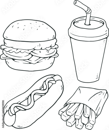 Vector Black and White Fast Food Illustration- black and white, black line vector