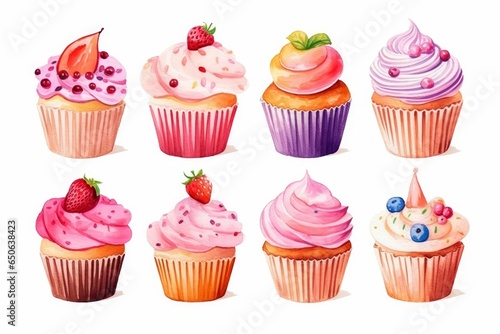 Watercolor cupcakes with floral decorations on white background. AI generated