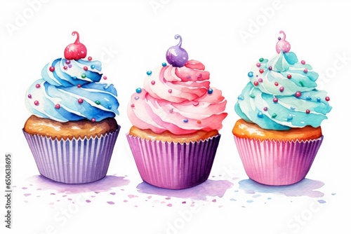 Watercolor cupcakes with sprinkles and icing on white background. AI generated photo