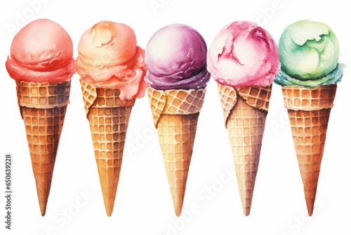 Watercolor ice cream cones with delicious flavors on white background. AI generated