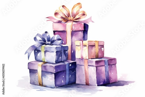 Watercolor gift boxes wrapped in paper on white background. AI generated