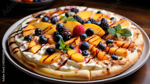 Dessert pizza highlighting seasonal fruits like peaches, cherries, or apples, portraying the freshness and variety of flavors that each season brings Ai generative