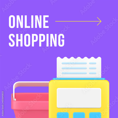 Online shopping supermarket basket payment social media post design template 3d realistic vector