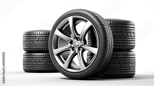 gray car tire set with black and silver wheel on white background