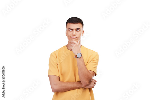 Fashion, thinking and problem solving with a man isolated on a transparent background for a decision. Idea, question and why with a young person looking confused or curious about a solution on PNG