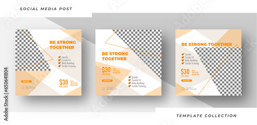 Be strong together design set for gym and fitness. Black background shape. Fitness social media post banner template