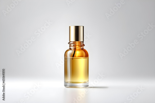 a bottle of essential oil with liquid inside the bottle isolated on white background