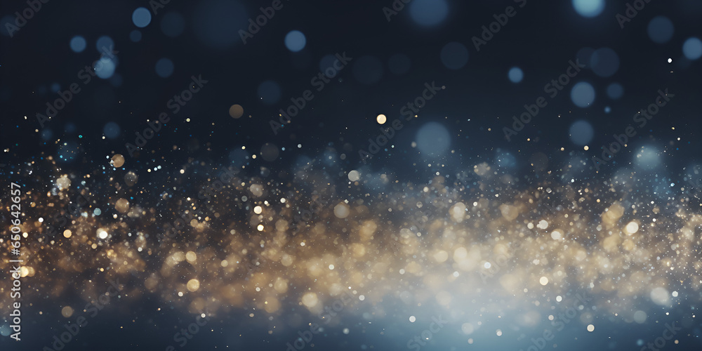 Defocused white and gold lights over dark background with thin focus line and copy space, Glitter background Stock, GENERATIVE AI