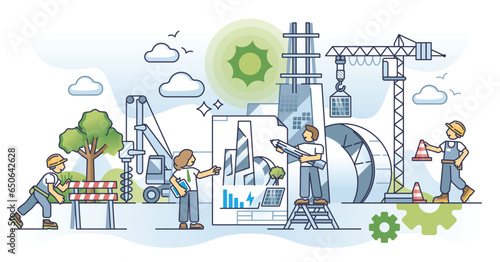 Designing tomorrow urban landscape for modern new city outline concept. Planning office or residential buildings from architecture projects vector illustration. Green and ecological realtor developer