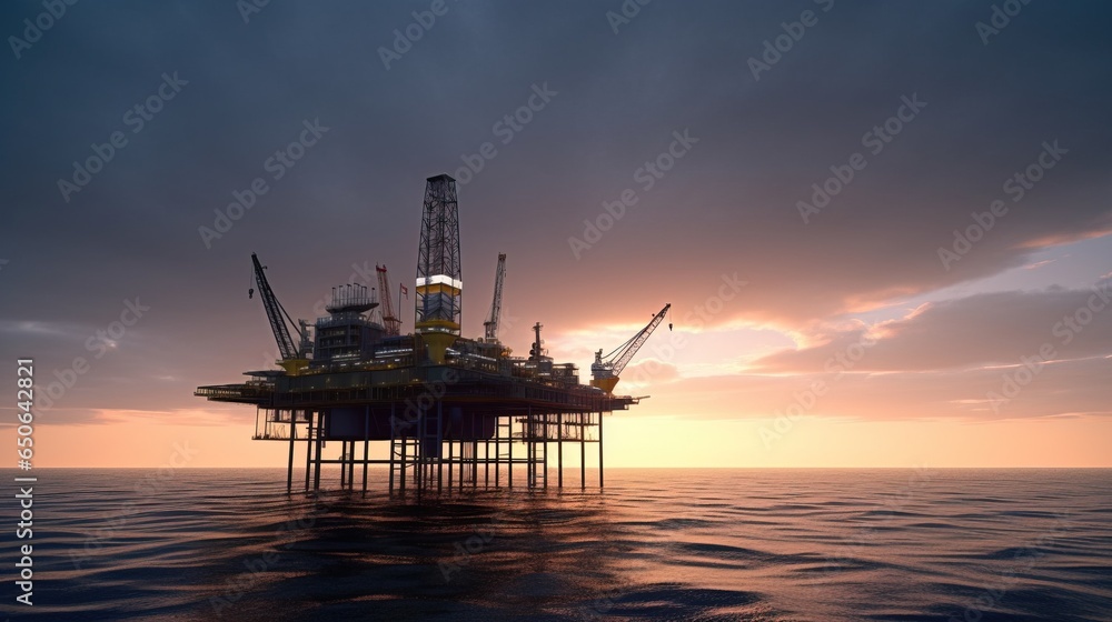 Oil rig, platform in ocean, sea. Commercial mining industry. AI generated.