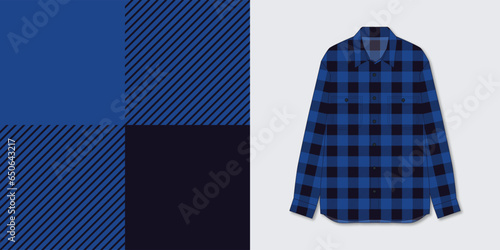 Flannel shirt mockup vector template design with blue and black lumberjack buffalo plaid seamless pattern