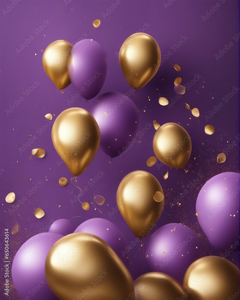 golden and purple balloons with particles banner template