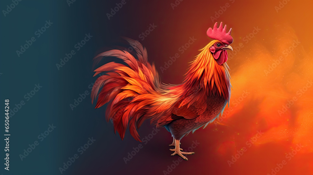 Fototapeta premium rooster with brown plumage is crowing against the background of nature outdoor. space for text. banner