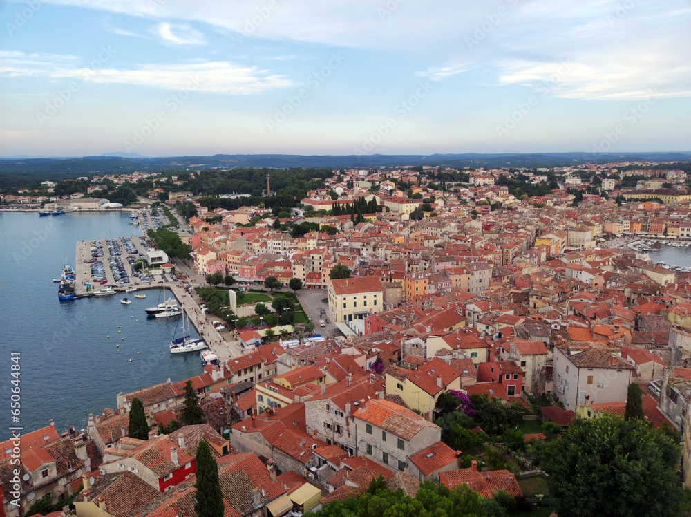 arial view of Rovinj old town seen from the tower of Church of Saint Euphemia at sunset 