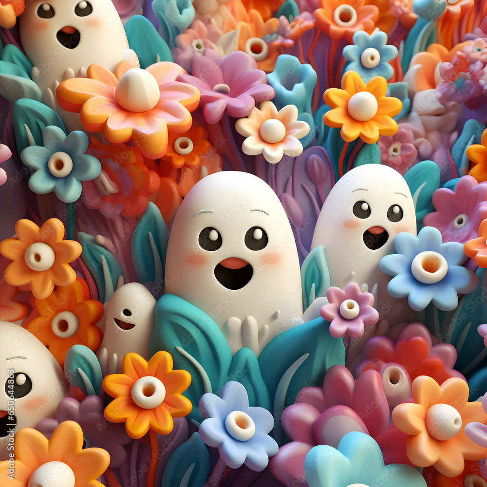 Fototapeta premium Cute clay ghosts and flowers High resolution