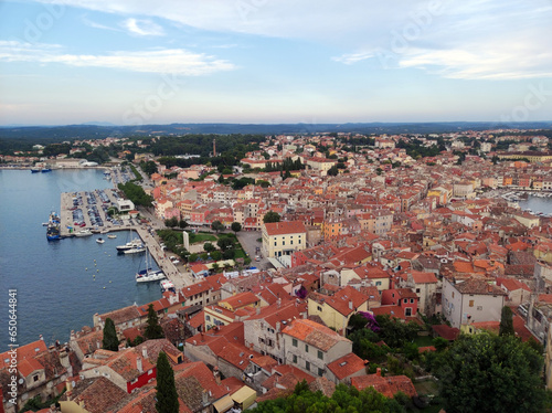 arial view of Rovinj old town seen from the tower of Church of Saint Euphemia at sunset 