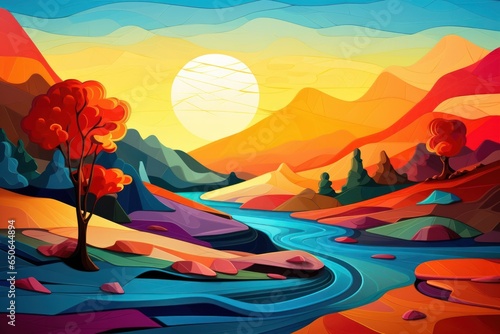 Surreal fantasy illustration featuring a textured landscape, colorful skies, and distant mountains.