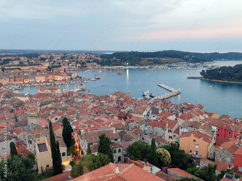 arial view of Rovinj old town seen from the tower of Church of Saint Euphemia at sunset 