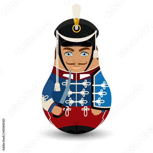Hussar. Lightly armed light cavalry riders of the XV–XX centuries in characteristic clothing. Design tilting toy. Modern kawaii dolls for your business project. Float vector.