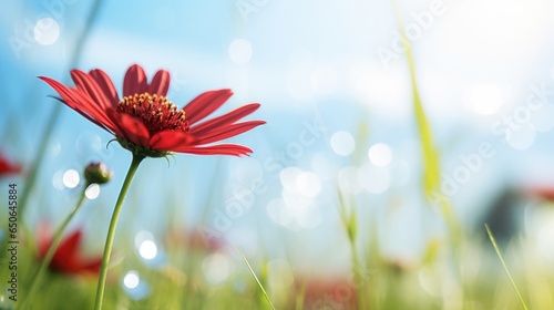 Fototapeta Naklejka Na Ścianę i Meble -  Blooming red daisy flowers in a meadow with green grass and summer blue sky.