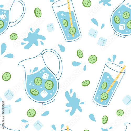 Vector seamless pattern with glass and jug of water. Water with cucumber slice, ice and water splashes on white background.