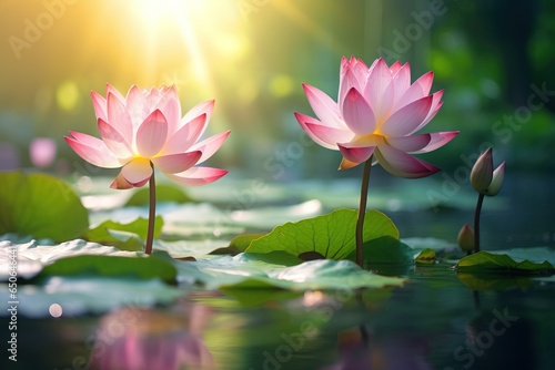 Beautiful pink lotus flower with green leaves in the pond Pink lotus flowers blooming on the water magical photo