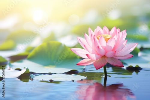 Beautiful pink lotus flower with green leaves in the pond Pink lotus flowers blooming on the water magical