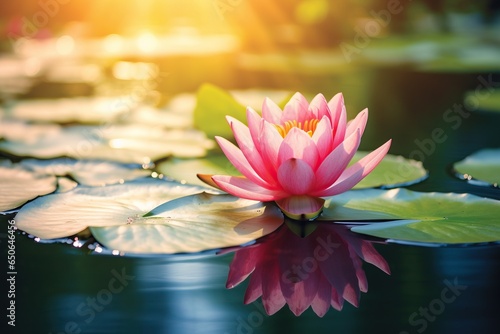 A Beautiful pink lotus flower with green leaves in the pond Pink lotus flowers blooming on the water magical © ORG