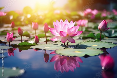 Beautiful pink lotus flower with green leaves in the pond Pink lotus flowers blooming on the water magical