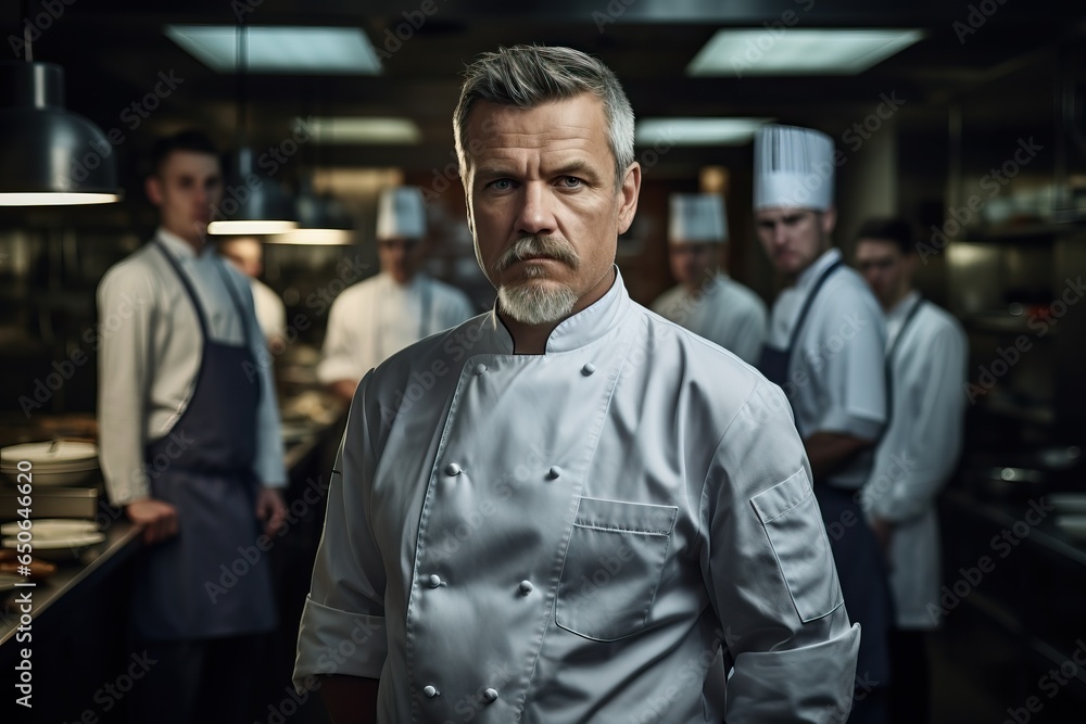 The chef is in the kitchen. Looking at the camera with the team behind The chef is in the kitchen. Looking at the camera with the team behind