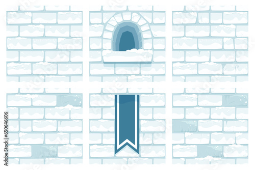 Snow Castle Wall Collection, Set of Seamless Texture Tiles. Winter Cartoon Brick Textures, Windows and Flags, Seamless Background Collection for Game, Web Design, Textile, Prints And Cafes.
