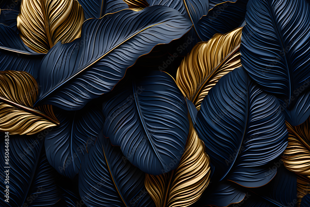 Dark blue and gold tropical leaves seamless pattern background, Vector illustration, Ai Generated