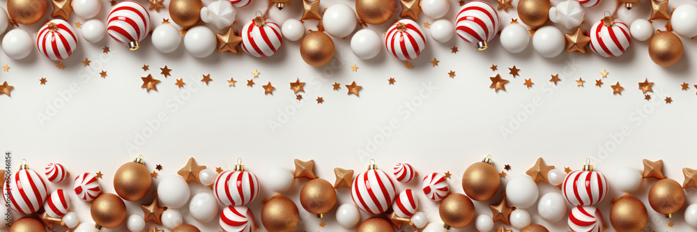 Obraz premium Seamless. A customizable Christmas banner featuring baubles against a white background, providing a versatile template for adding your holiday message. Photorealistic illustration