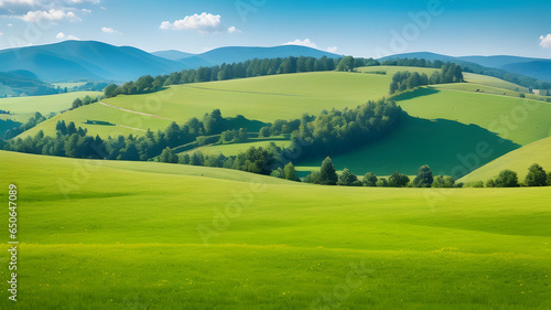 Tranquil Green Landscape with Lush Foliage, Rolling Hills, and a Serene Sky. Scenic rural field with lush green foliage and no people.