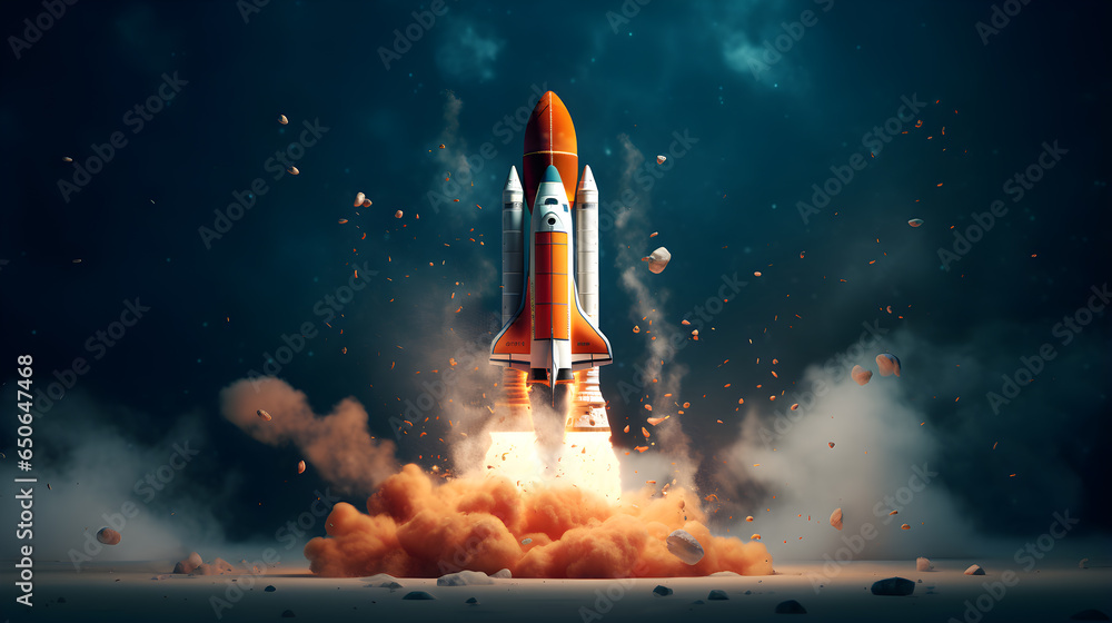Rocket with clouds flying over. Spaceship launch. Start Up scene. Concept of market startup