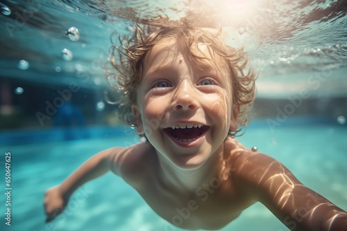 Happy kid have fun in swimming pool. swimming under water, Funny child swim, dive in pool © ORG