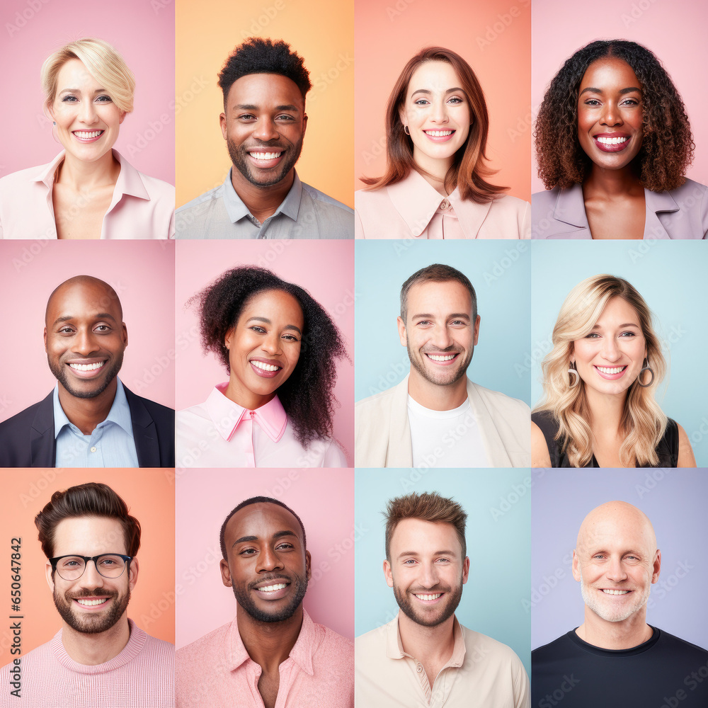 Photo collage portrait of multiracial smiling people with different ages looking at camera. Mosaic of happy modern faces. Photo collage portrait of multiracial smiling people with different ages looking at camera. Mosaic of happy modern faces.