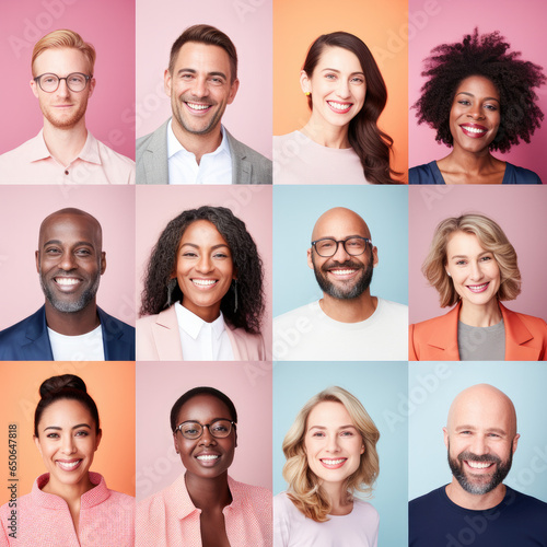 Photo collage portrait of multiracial smiling people with different ages looking at camera. Mosaic of happy modern faces. 