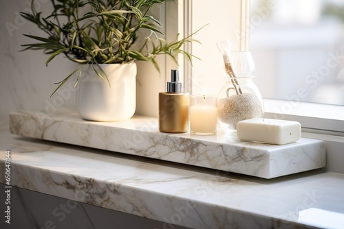 Light marble shelves with stylish accessories. Inside the bathroom.
