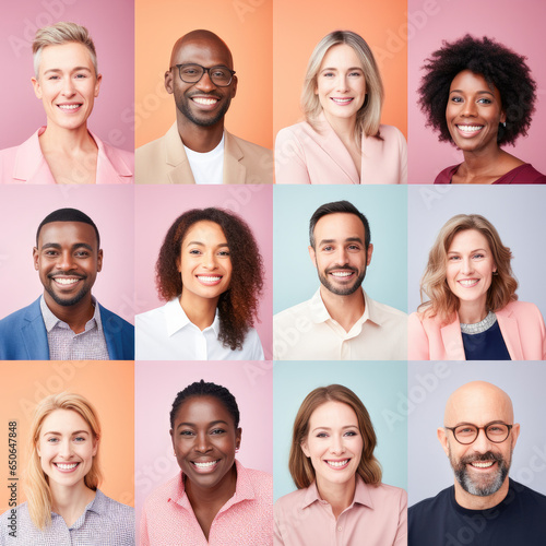 Photo collage portrait of multiracial smiling people with different ages looking at camera. Mosaic of happy modern faces. 
